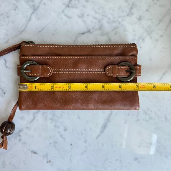 Fossil Genuine Leather Wallet Clutch Buckle Detail Tan Brown Polka Dot Lining - Picture 14 of 14